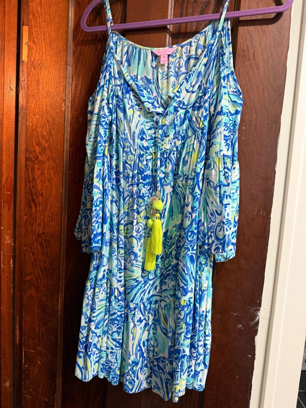 Lilly Pulitzer Chic Blue & Green Printed Cold-Shoulder Sundress with Tassel
